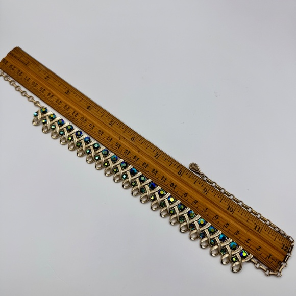 Coro Gold Tone Ribbon Link Choker Necklace w/ Aurora Borealis Rhinestones, 16.5” - Picture 7 of 10
